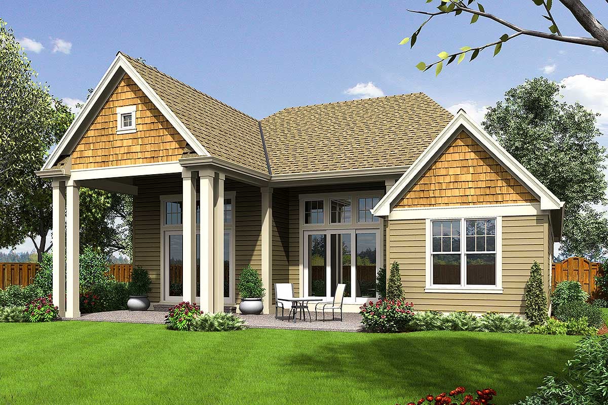 Craftsman house plan exterior with covered porch, gables, and cedar shingle accents.
