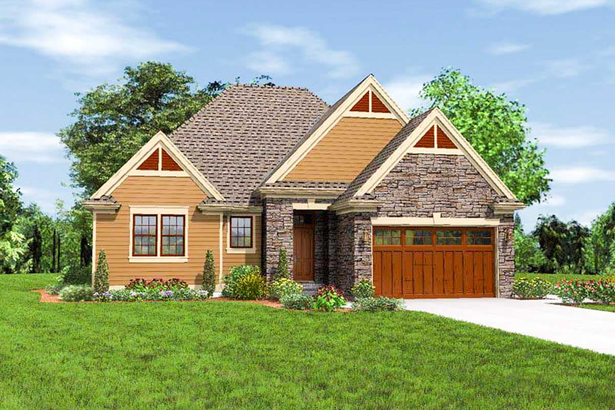 House plan exterior: One-story home with stone and tan siding, prominent gables, and a two-car side-entry garage.