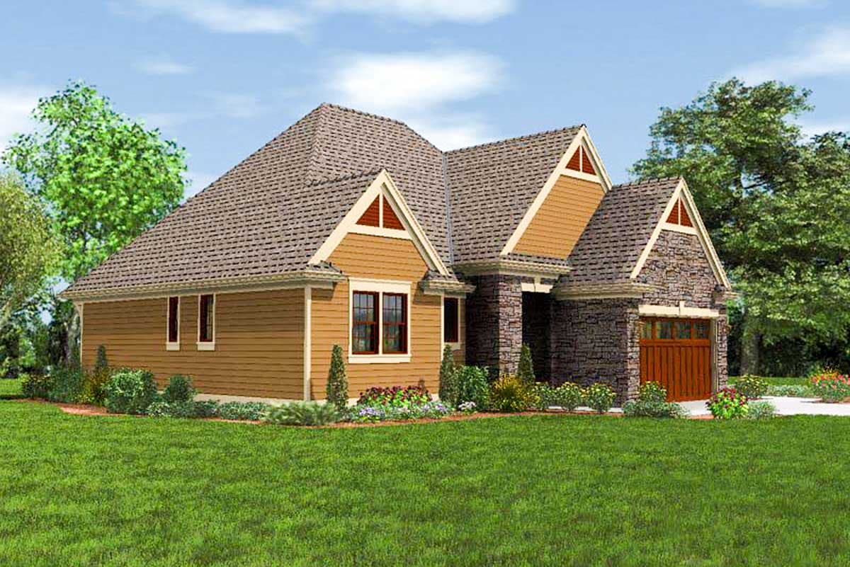 House plan exterior of a one-story home with stone and wood siding, multiple gables, and a side-entry garage.