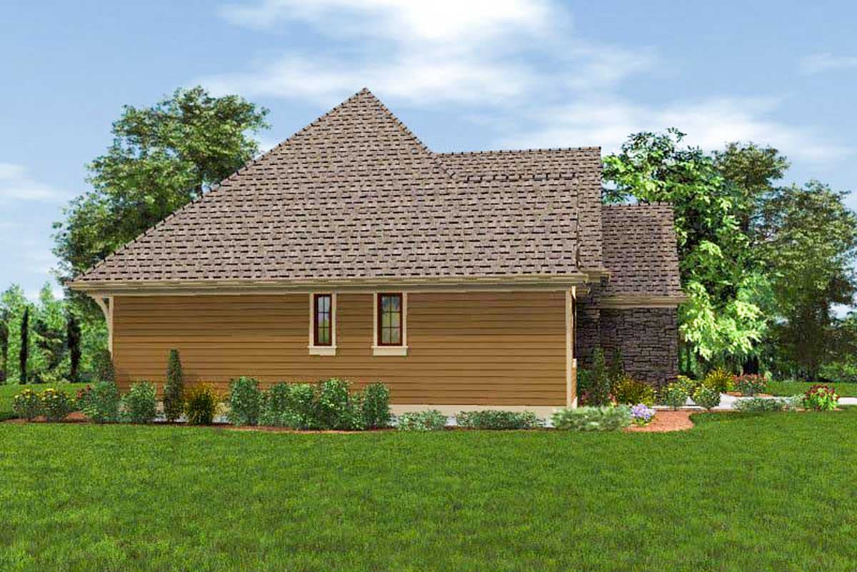 House plan exterior view of a one-story home with tan siding, stone accents, multiple gables, and a shingled roof.
