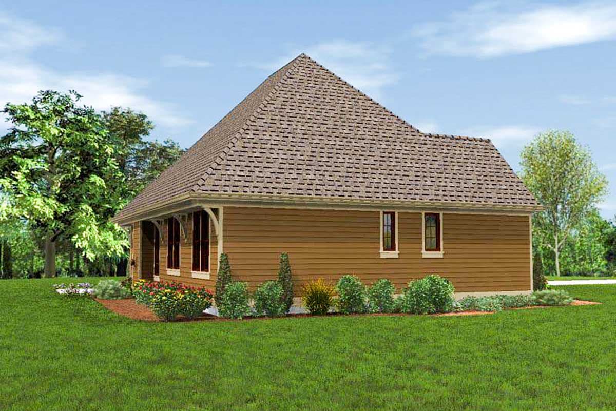 House plan exterior shows a one-story home with a prominent gable roof, horizontal siding, and a covered porch with decorative supports.