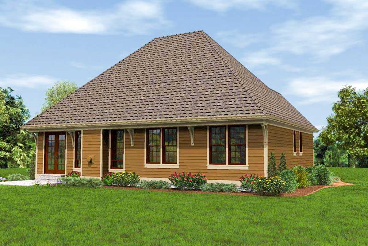 House plan exterior: One-story home with a hipped roof, siding, and multiple windows. Features a covered porch and double-door entry.