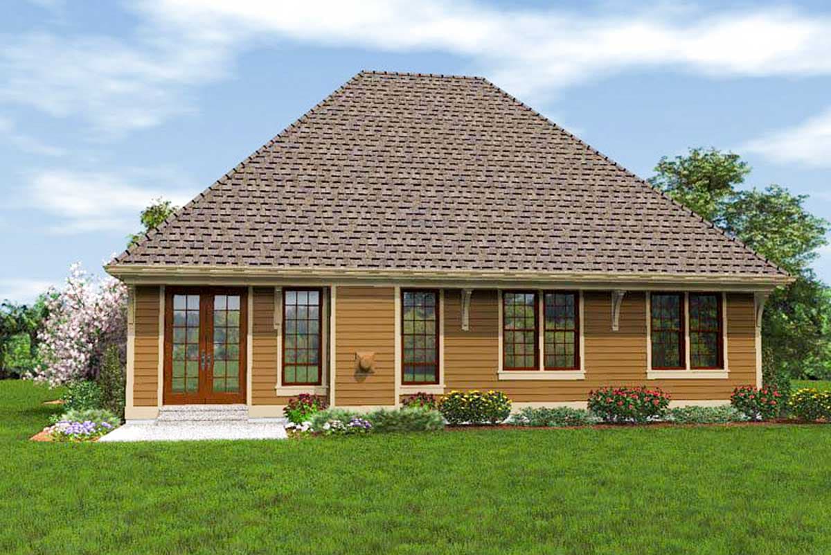 House plan exterior: one-story home with hip roof, double doors, and multiple windows with decorative trim.