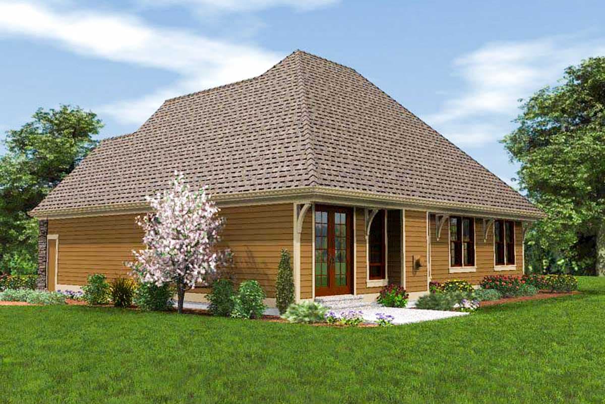 House plan exterior with a hipped roof, double-door entry, and multiple windows.