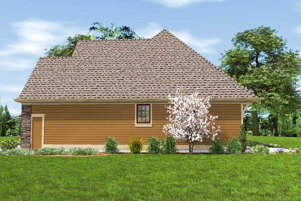 House plan exterior, one story with a side-facing garage, horizontal siding, and stone accent.