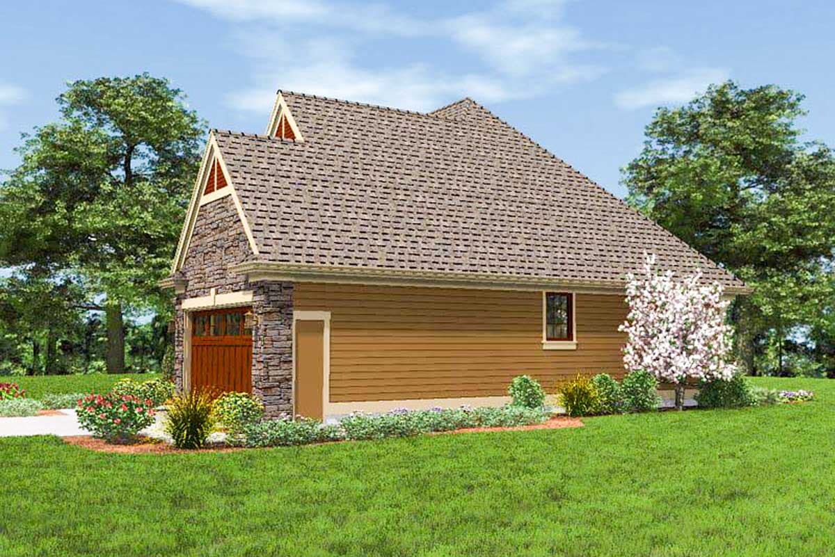 House plan exterior with side-facing garage, stone accents, a prominent gable, and horizontal siding.