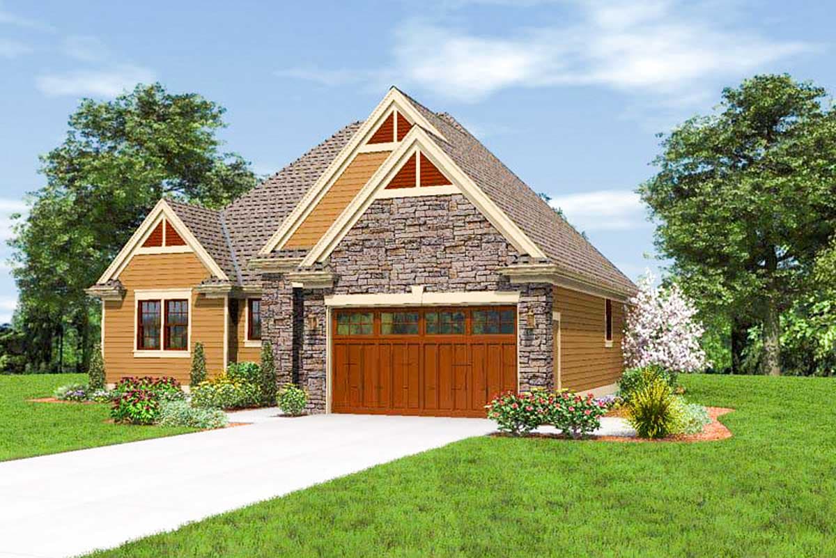 House plan exterior showing a two-story house with a stone-accented front gable, wood garage door, and prominent rooflines.
