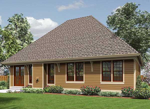 House plan exterior: One-story home with a prominent gable roof, double entry doors, and multiple gridded windows.