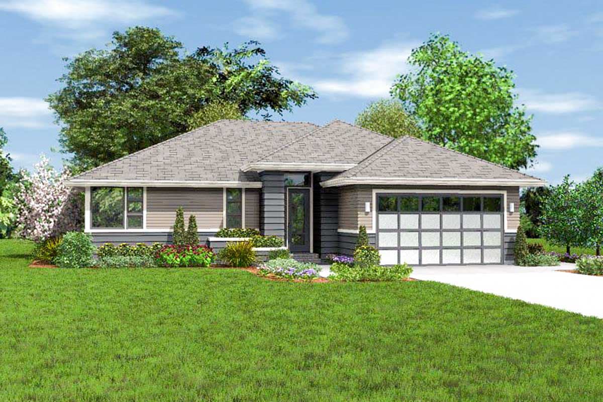 Modern house plan exterior, one story, featuring a covered entry, horizontal siding, and a glass garage door.