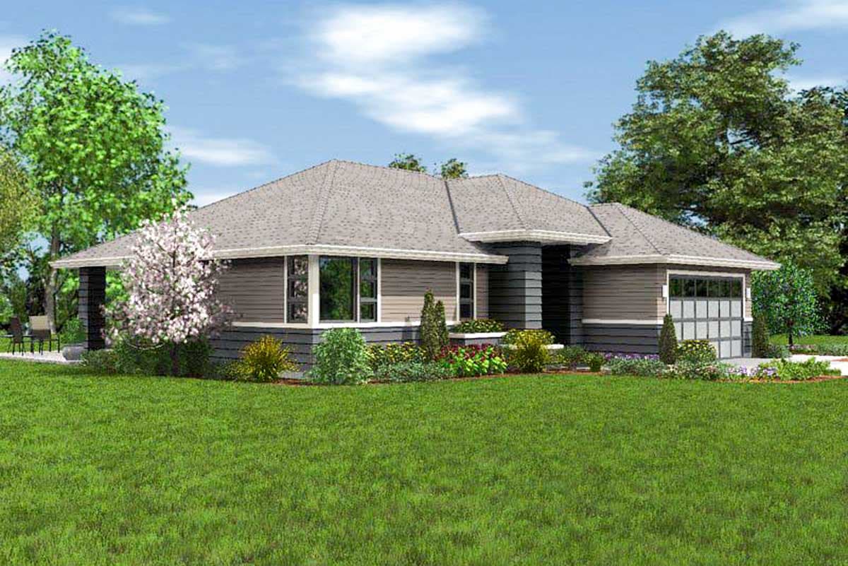 House plan exterior: one-story modern home with hip roof, large windows, and attached two-car garage.