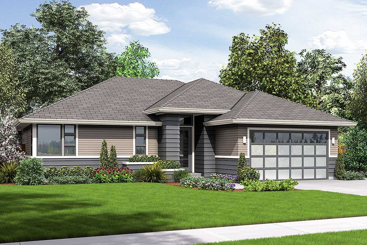 House plan exterior with low-pitched roof, horizontal siding, and a two-car garage. Features include a covered entry and a mix of rectangular windows.