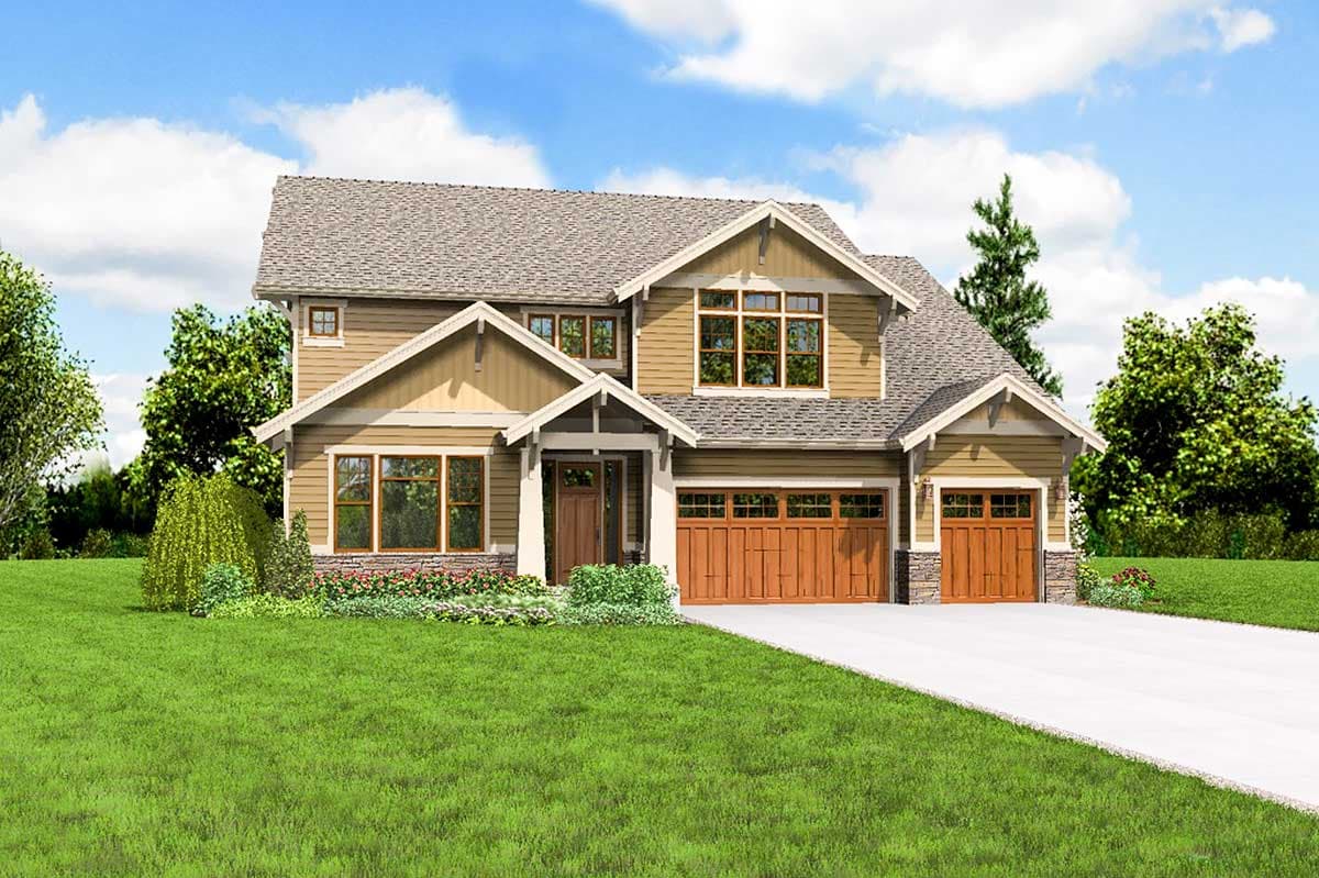 Craftsman style house plan exterior with two stories, gabled dormers, covered porch, and a three-car garage.