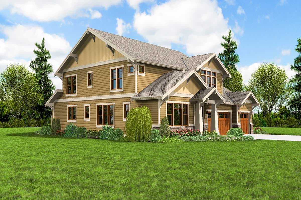 Craftsman house plan exterior, two stories, featuring prominent gables, a covered front entry, and a side-facing two-car garage.
