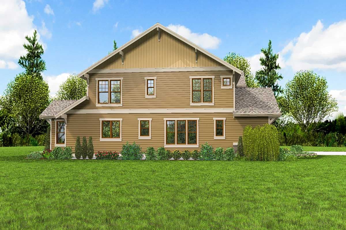 Craftsman style house plan exterior with two stories, wide eaves, and a prominent gable with decorative brackets.