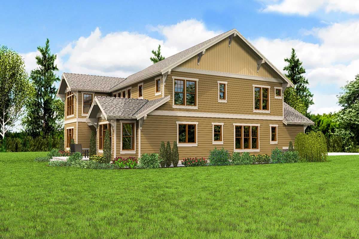 House plan exterior of a two-story home with gables, dormers, and a covered porch.