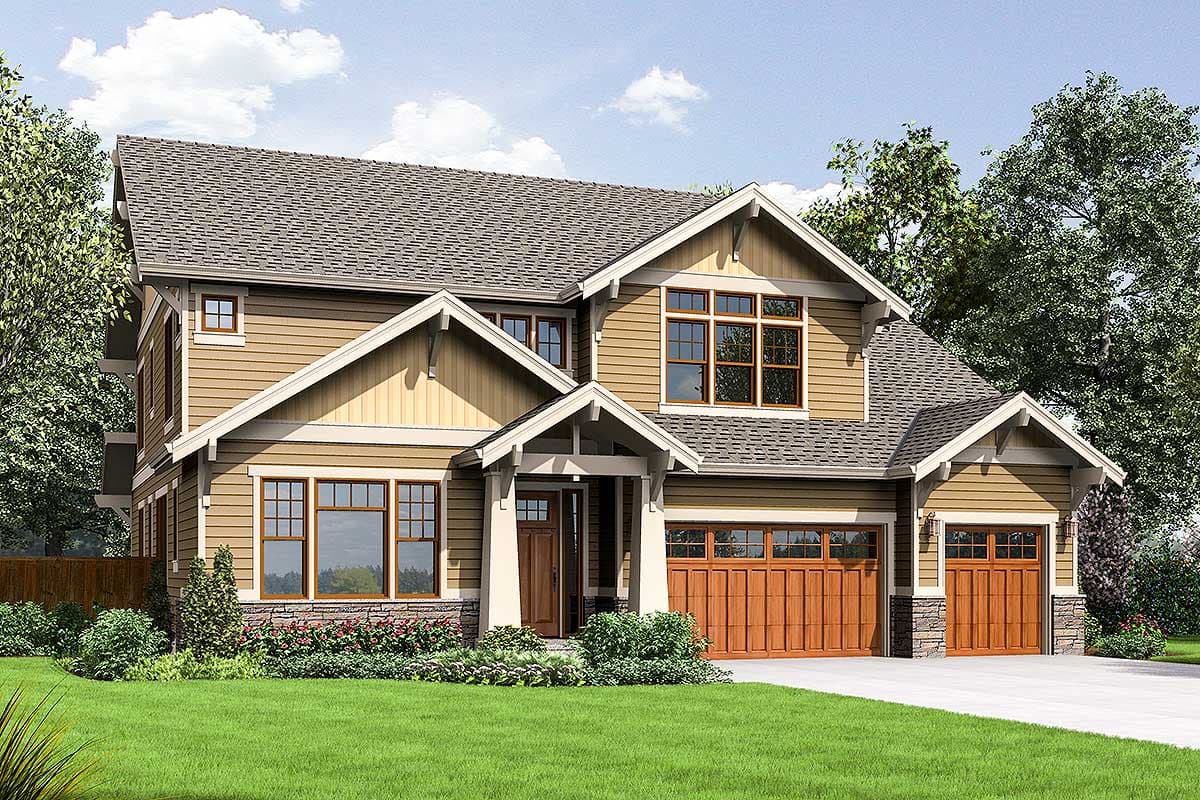 House plan exterior in Craftsman style. Two-story home with gables, a covered entry porch, and a side-entry garage with stone accents.