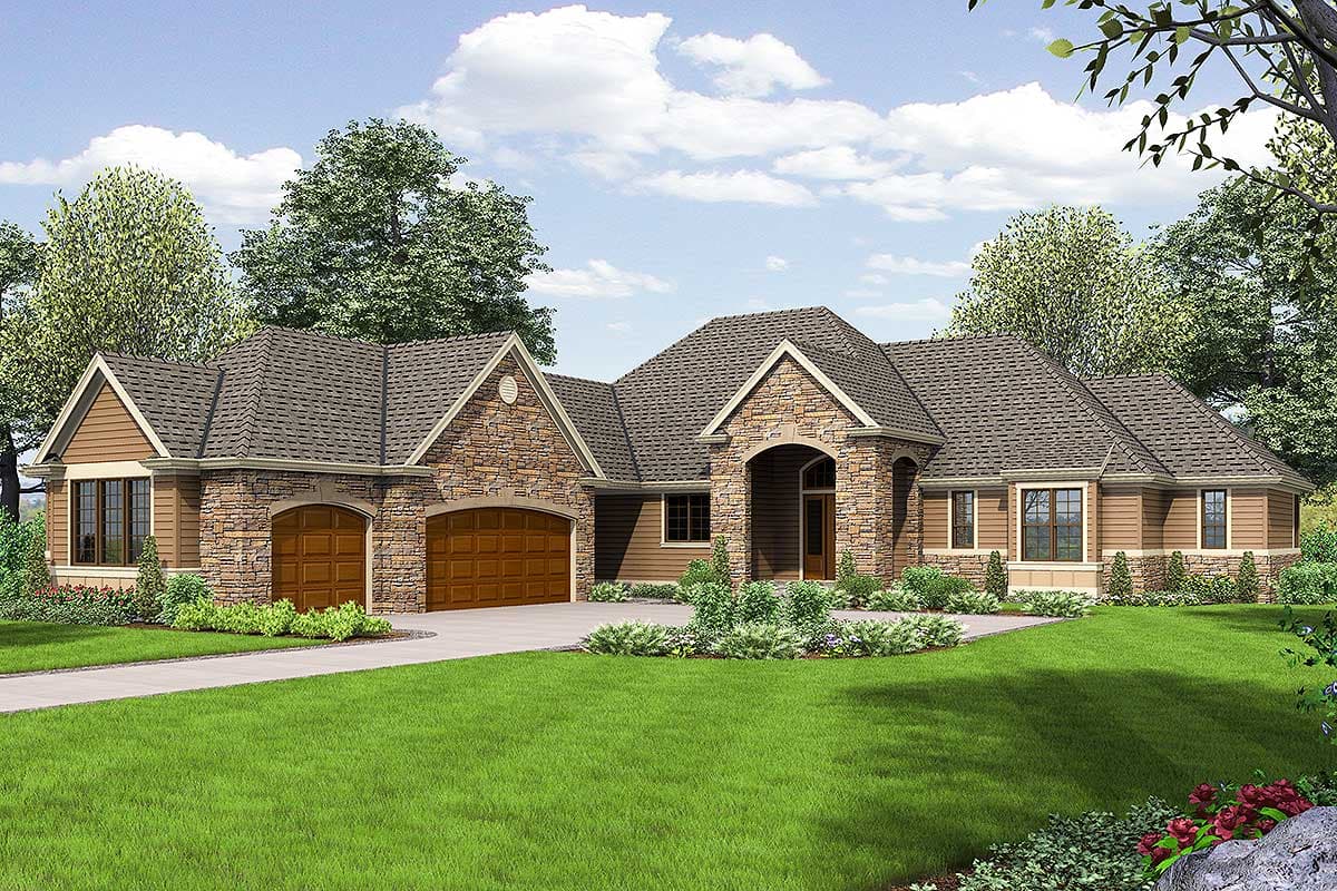 House plan exterior. Craftsman style, single story home with stone accents. Features include a front-entry garage and gabled rooflines.
