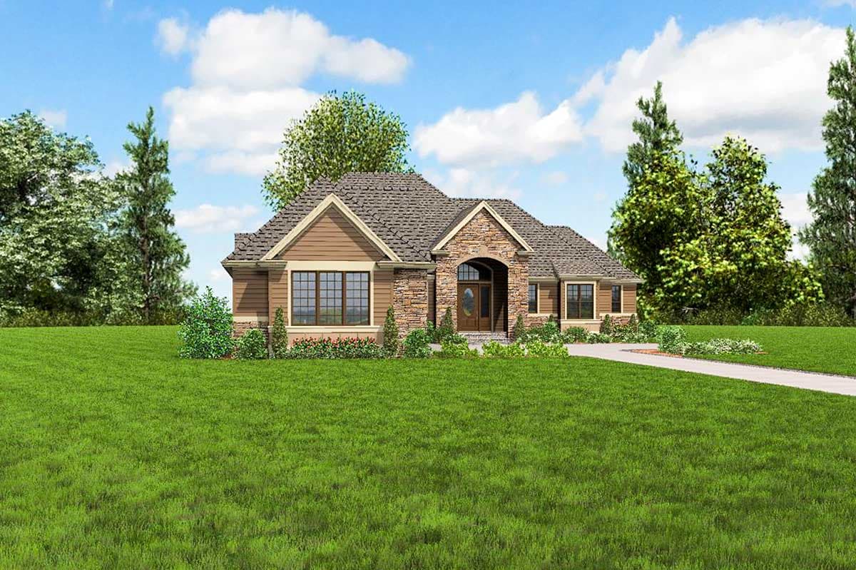 House plan exterior rendering with stone accents, arched entry, and multiple gables. Single story.