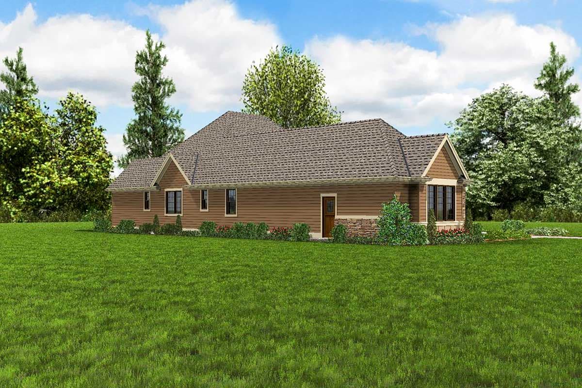 House plan exterior: one-story home with prominent gables, horizontal siding, stone accents, and multi-pane windows.