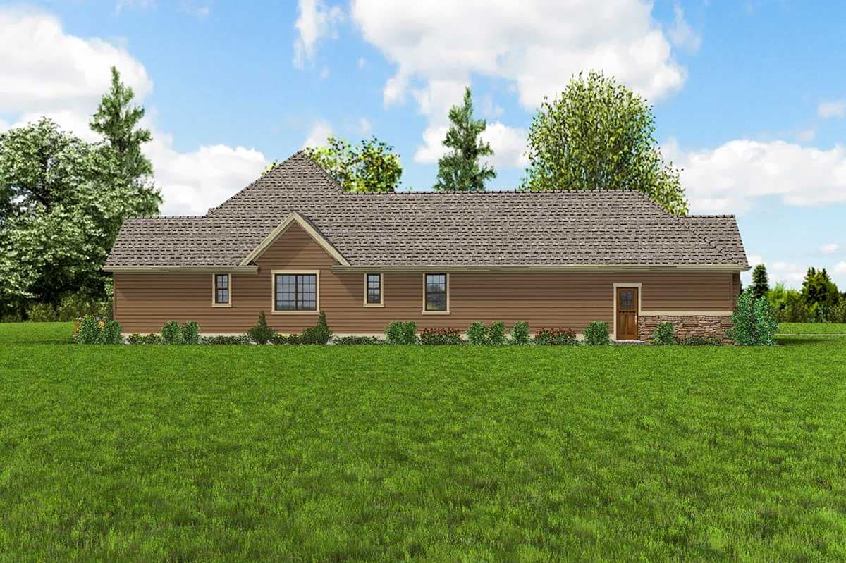 House plan exterior: Single-story home with a prominent gable, horizontal siding, stone foundation, and a single door.