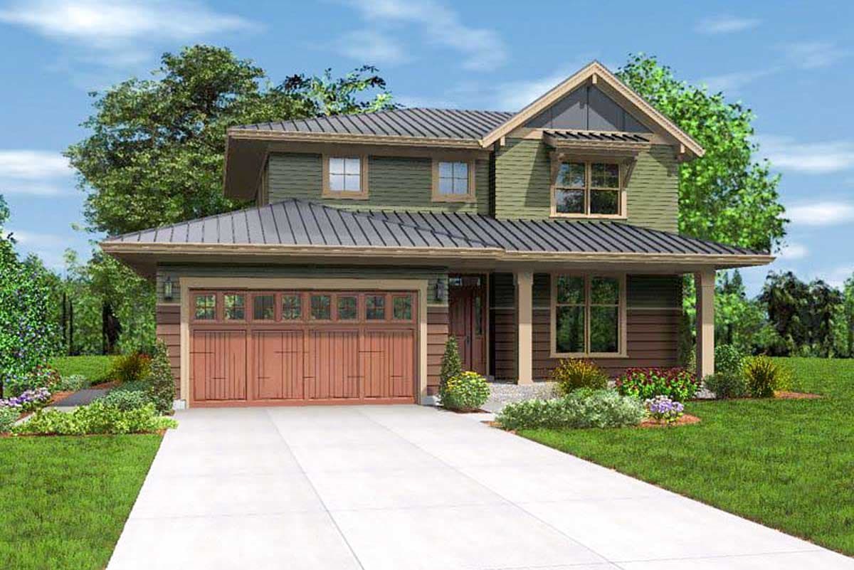 House plan exterior of a two-story home with a gable roof, metal roof, covered porch, and a two-car garage.