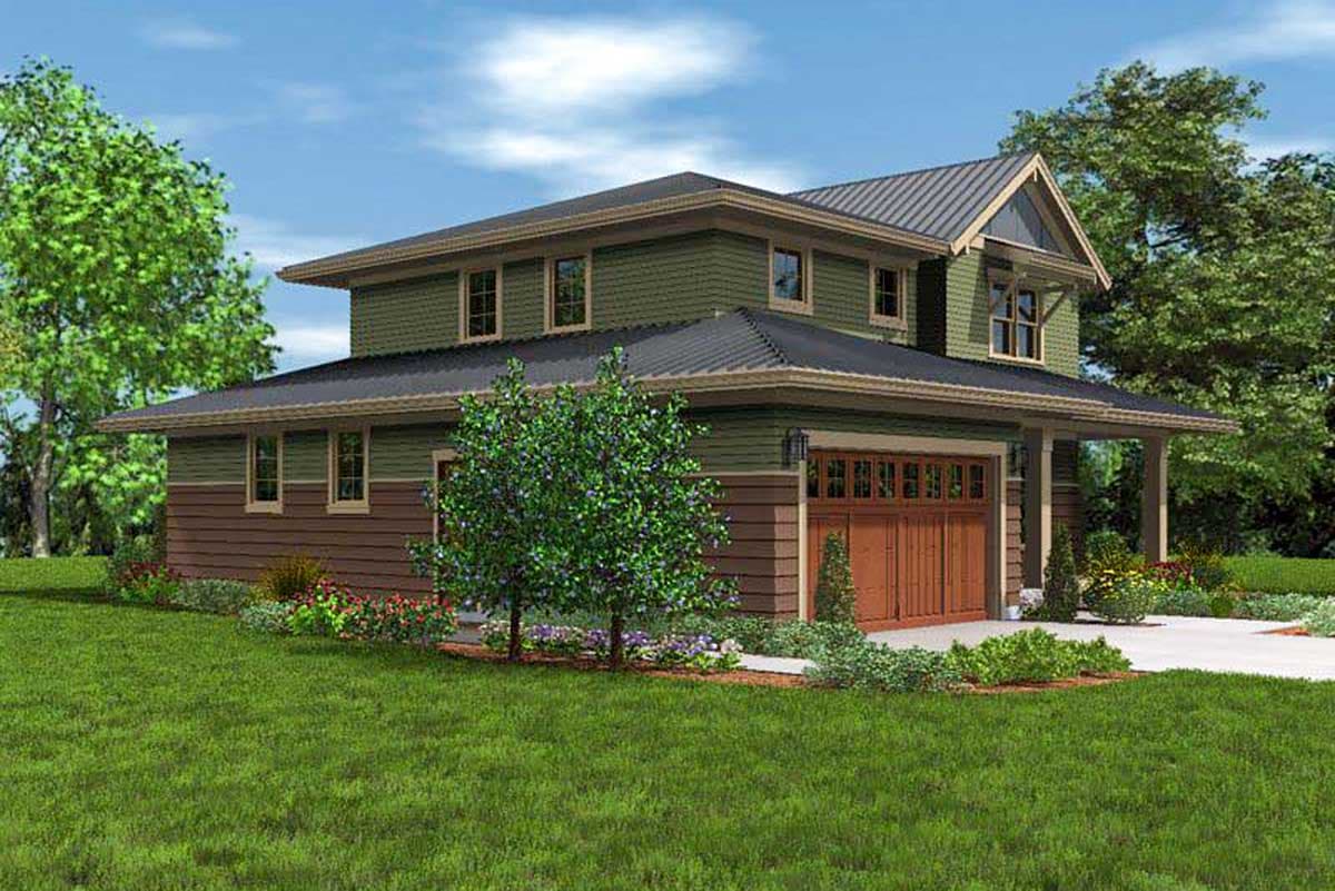 House plan exterior: Two-story Modern Farmhouse with a prominent front-facing gable, wide eaves, and a two-car garage.