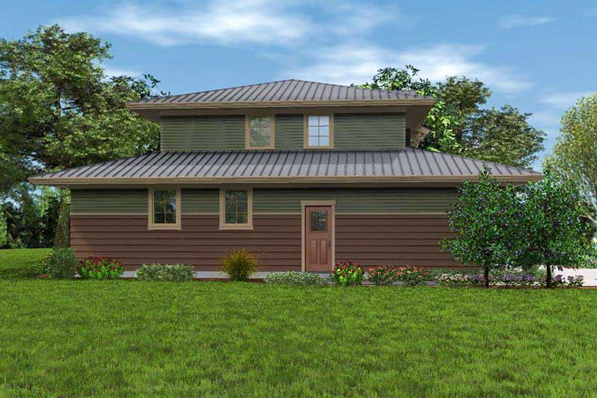 House plan exterior: Two-story Modern style home with a hipped metal roof, horizontal siding, and multiple windows.