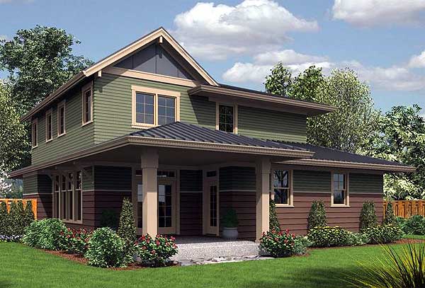 House plan exterior: two-story modern house with prominent gables, a wide covered porch supported by square columns, and two-tone siding.