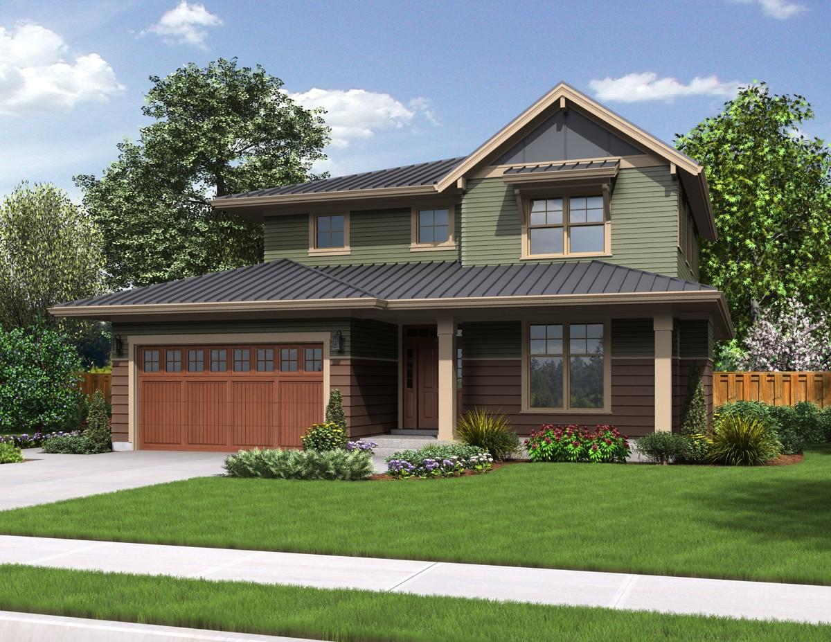 Two-story house plan exterior with a prominent gable, metal roof, covered porch, and a two-car garage.