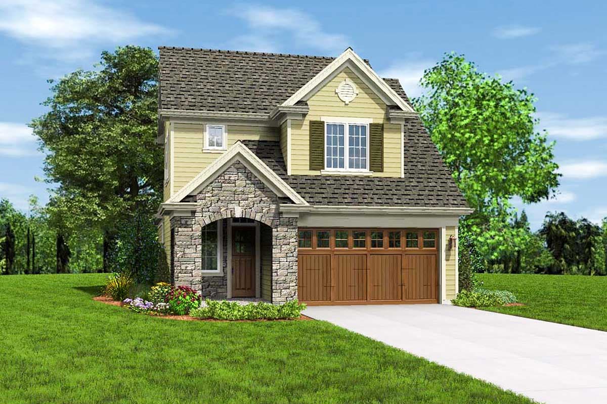 House plan exterior: Two-story home with stone-clad arched entryway, gabled dormer, and multi-pane garage doors.