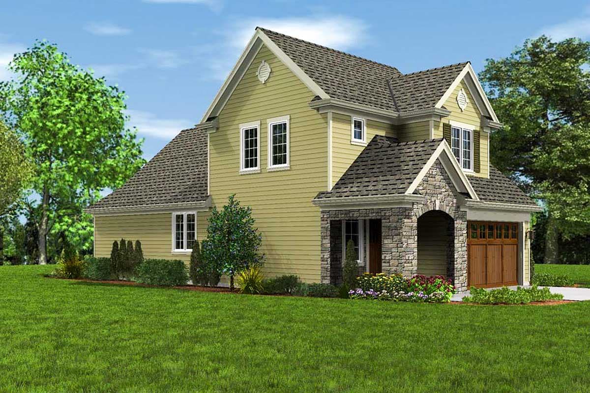 House plan exterior: Two-story home with gabled dormers, stone-accented entryway with arched opening, and a side-facing garage.