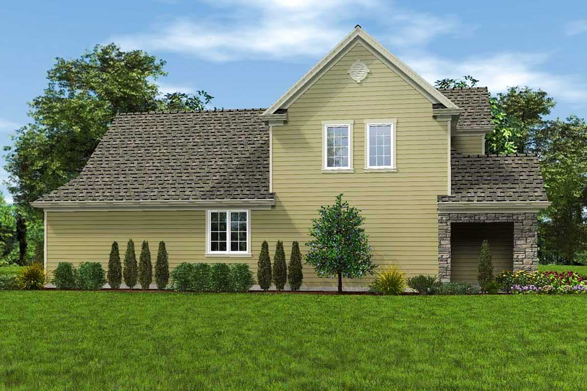 House plan exterior: Two-story home with gabled dormer, side-facing garage, and stacked stone detailing.