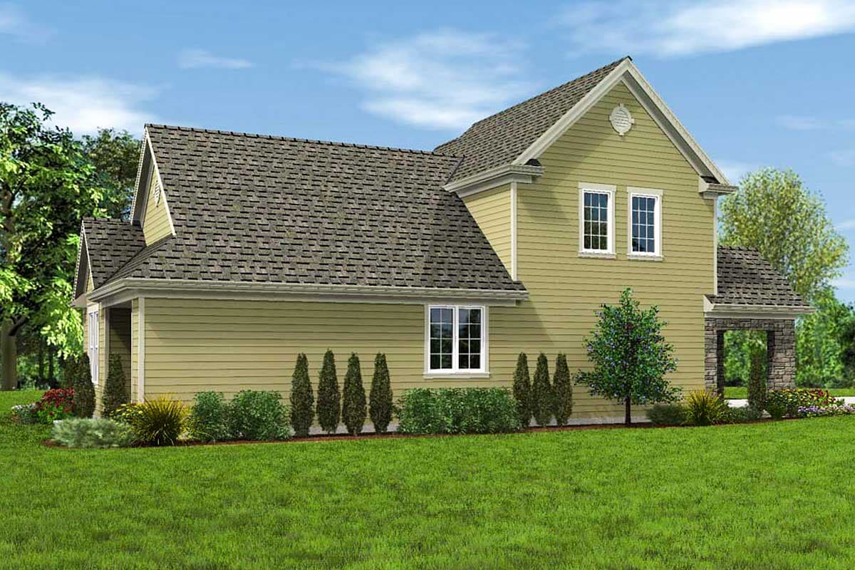 House plan exterior: Two-story home with gables, hip roof, and stone-clad porch columns. Siding and window details visible.