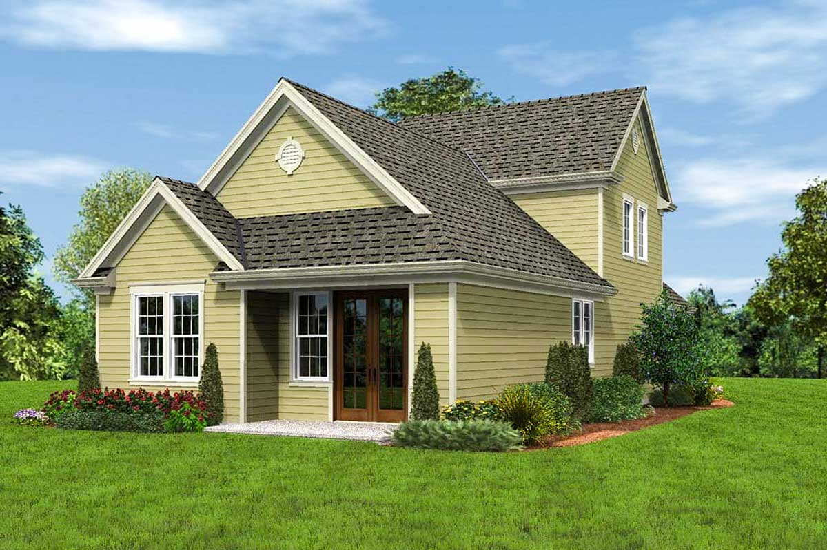 House plan exterior: two-story home with multiple gables, a covered entry with double doors, and visible dormer window.