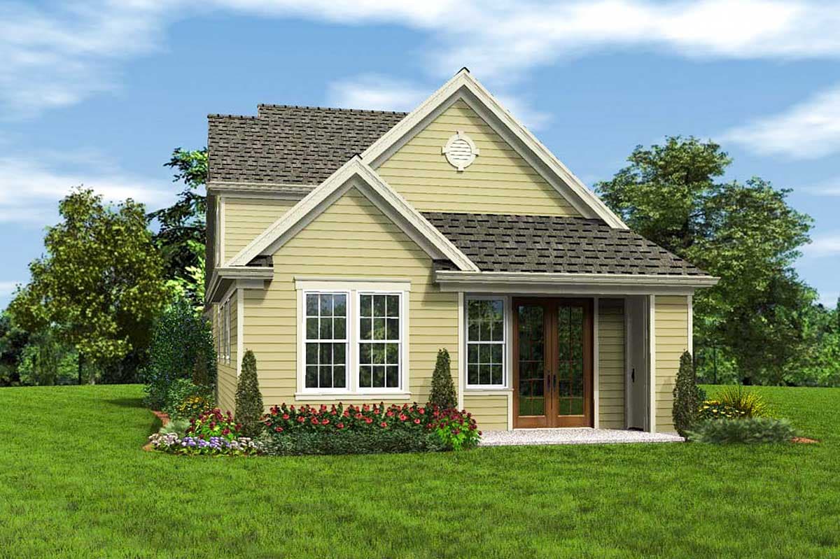 House plan exterior: Two-story home with gabled dormer, double doors, and multi-pane windows.
