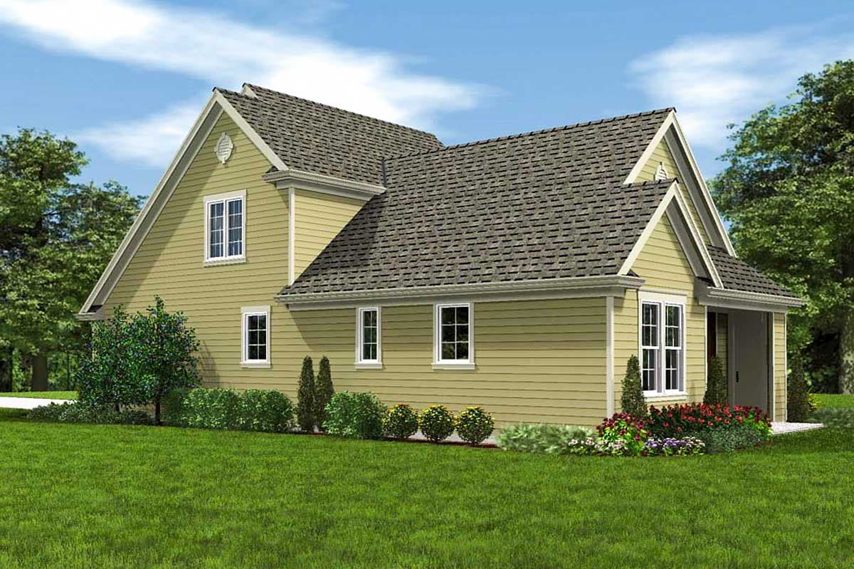House plan exterior: Two-story, light yellow siding, prominent gables, and a covered porch entrance.