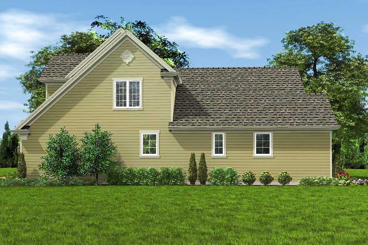 House plan exterior view of a two-story home with a prominent gable, vinyl siding, and multi-pane windows.