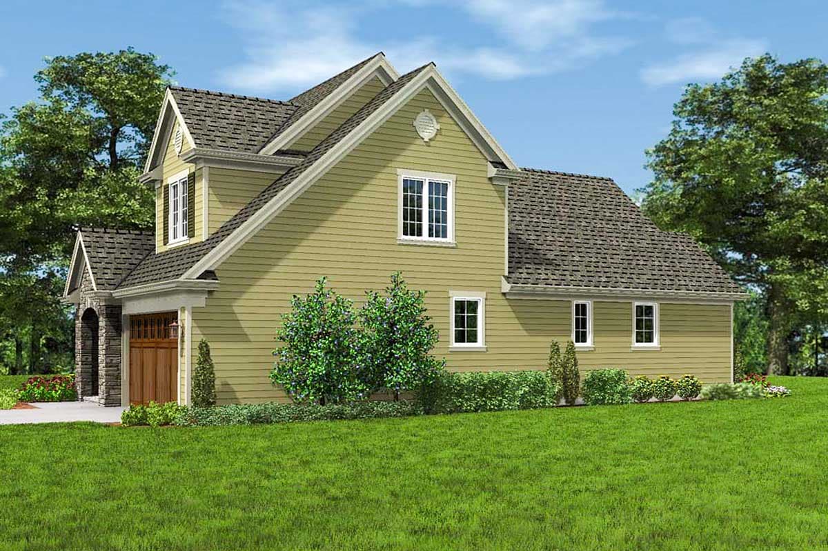 House plan exterior: Two-story home with attached garage, gabled dormer, and stone-accented archway.