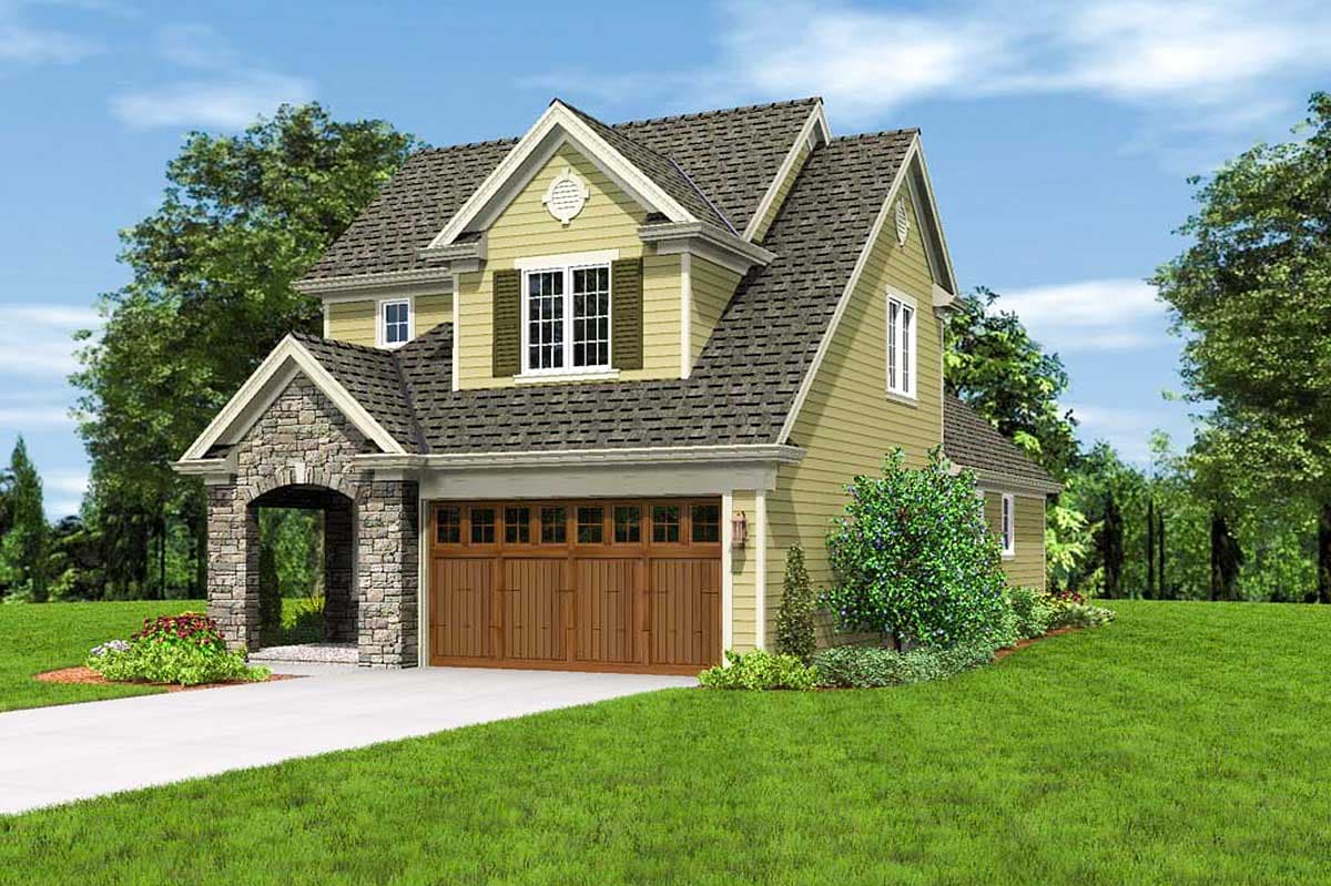 House plan exterior: Two-story home with stone-arch entryway, dormer window, and multi-pane garage door.