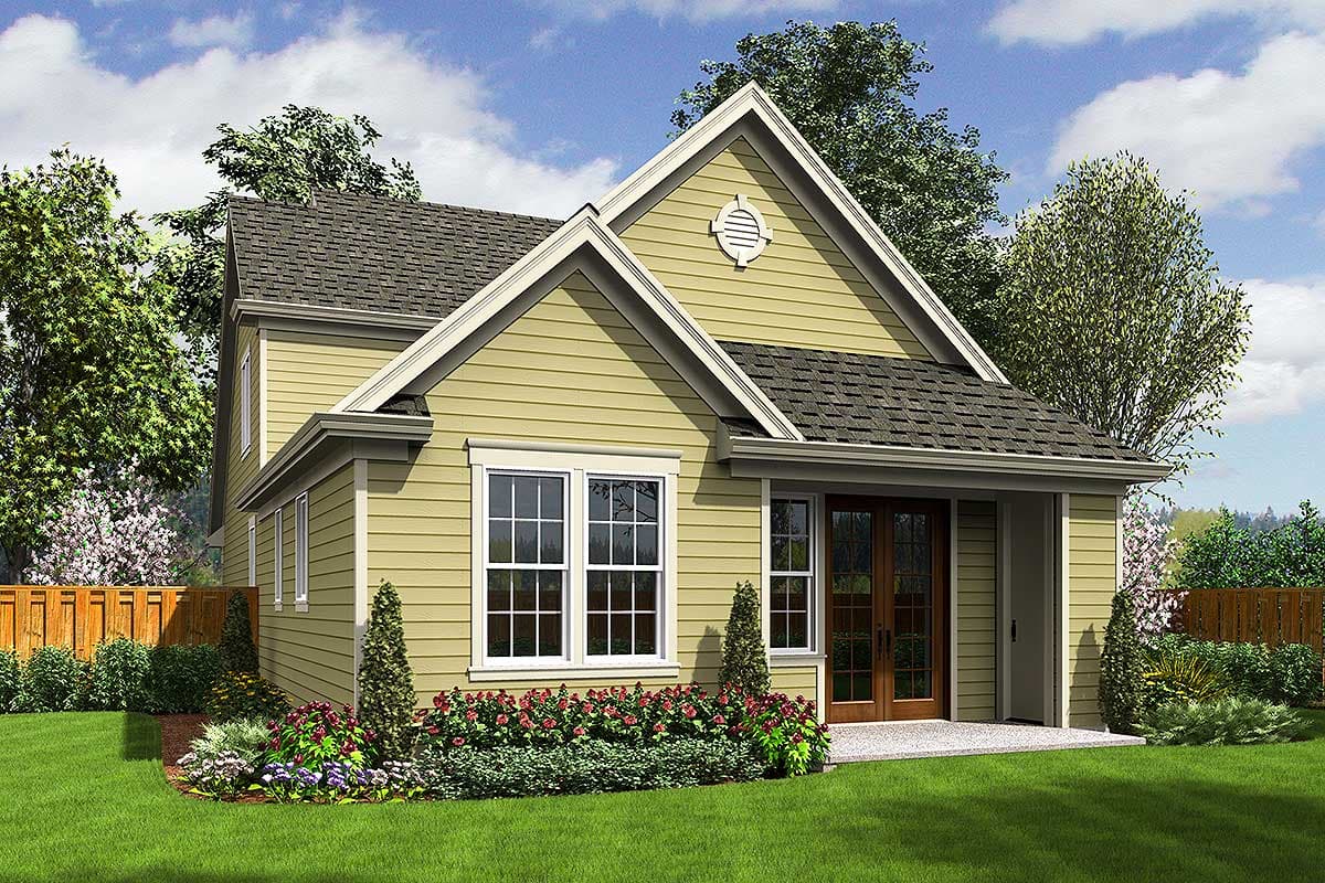 House plan exterior: two-story, beige siding, gabled dormer, covered entry with double doors, and double-hung windows.