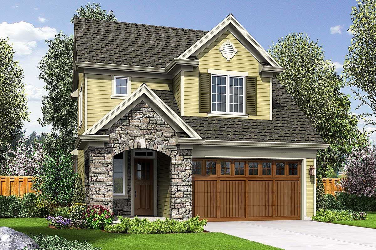 House plan exterior. Two-story Craftsman home with a stone archway, gabled roof, and two-car garage. Features a small front porch.