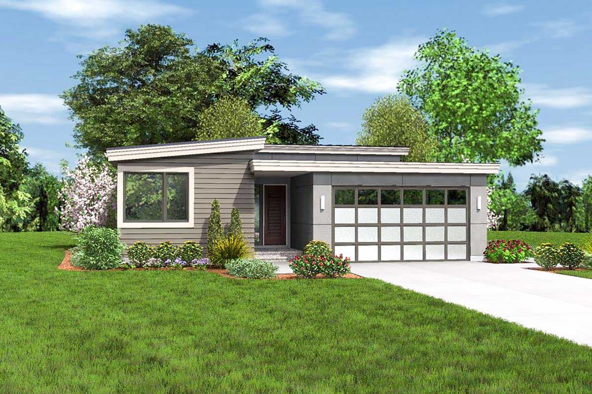 Modern house plan exterior with a flat roof, large window, single-door entry, and glass garage door.