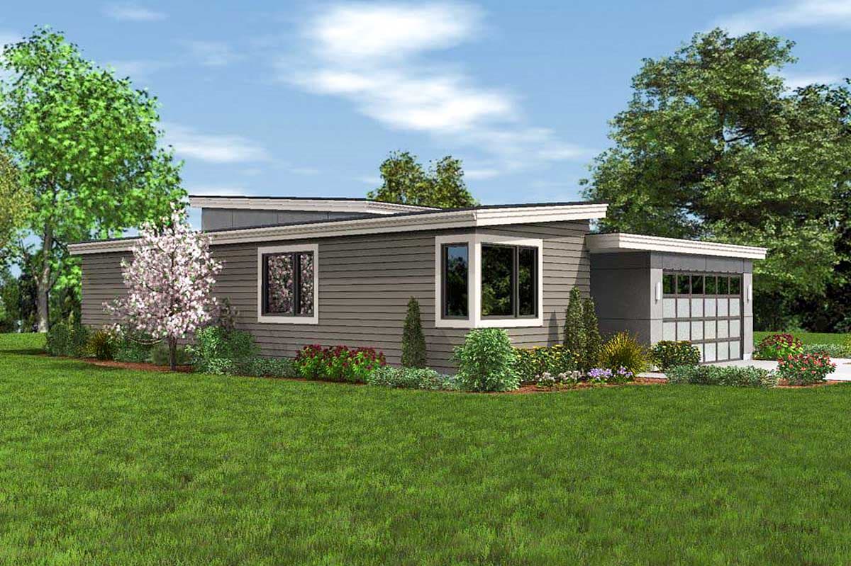 Modern house plan exterior with angled rooflines, horizontal siding, large windows, and a glass garage door.