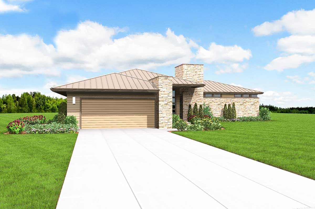 Modern house plan exterior with stone chimney, metal roof, garage, and horizontal windows.