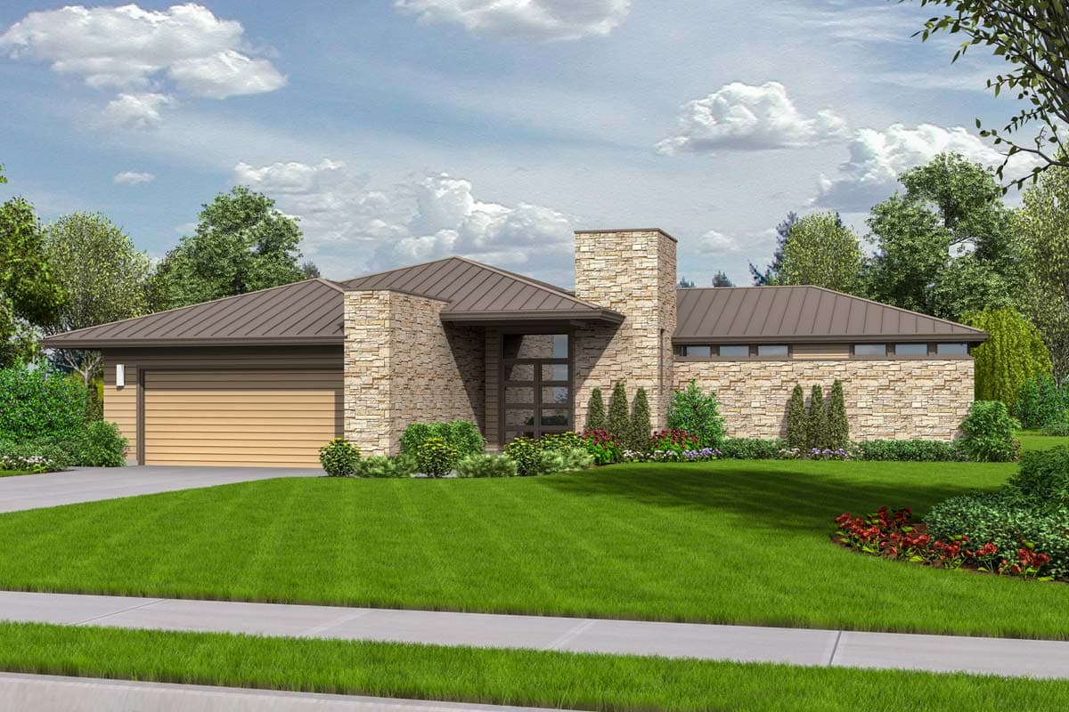 Modern house plan exterior with stone facade, metal roof, prominent stone chimney, and attached garage.