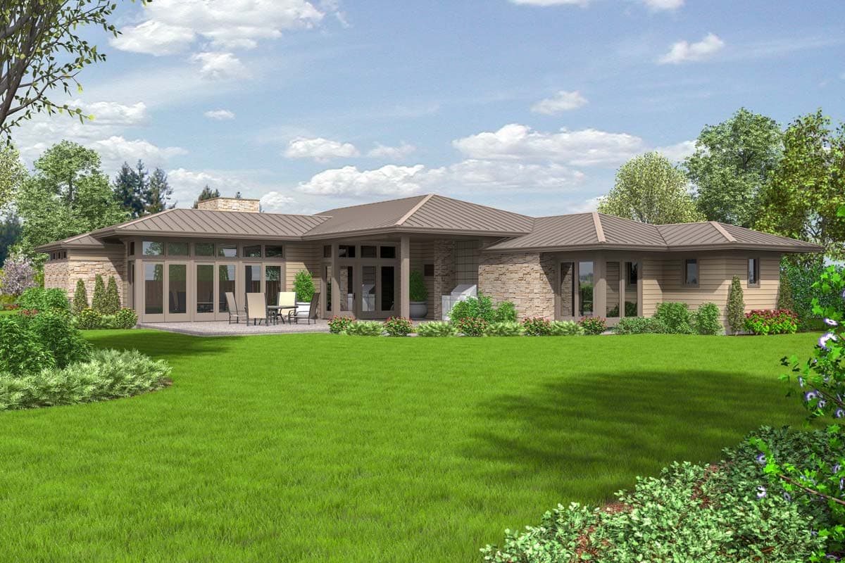Modern house plan exterior, one story, with metal roof, stone accents, and large windows.