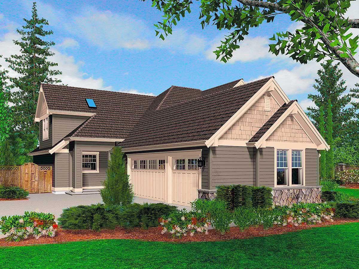 House plan exterior of a two-story home with gabled dormers, a covered porch, and a side-entry garage.
