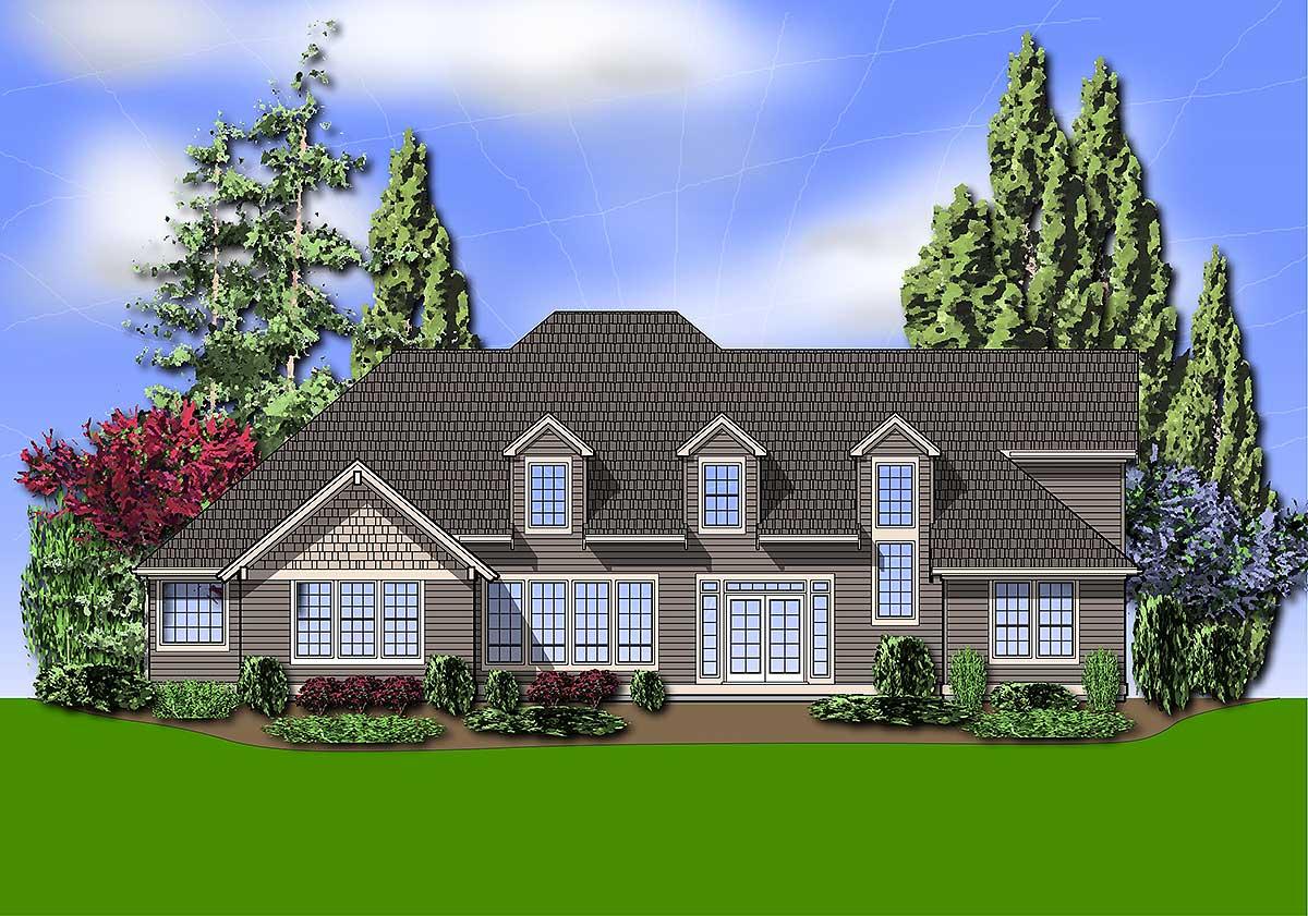 House plan exterior, one-story with multiple gables, dormers, large windows, and double doors.