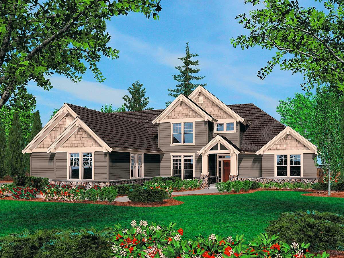 House plan exterior rendering of a two-story home with gables, dormers, stone foundation, and covered entryway.