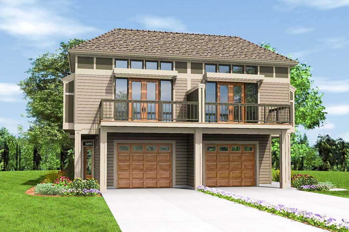 House plan exterior with two stories, dual garage doors, second-level balconies with glass doors, and stacked horizontal siding.